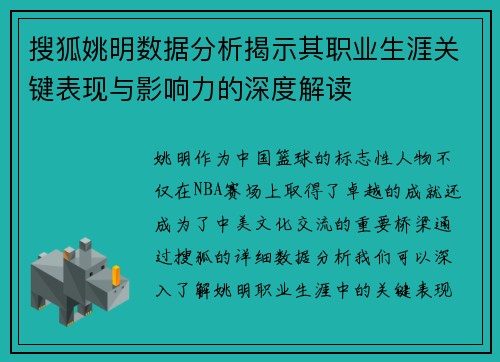搜狐姚明数据分析揭示其职业生涯关键表现与影响力的深度解读